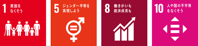 1.貧困をなくそう 5.ジェンダー平等を実現しよう 8.働きがいも経済成長も 10.人や国の不平等をなくそう